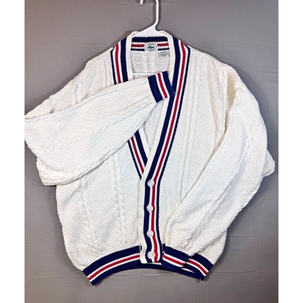IZOD Lacoste Men XL White Cable Knit Tennis Cardigan Red/Blue Stripe Vintage